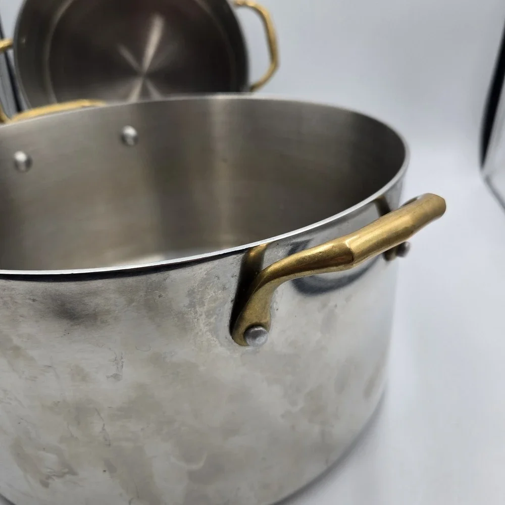 Set of 2 Vtg Atlas Metal Spinning Stainless Steel Stock Pots Brass Handle No Lid